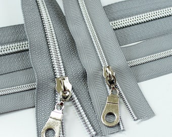 Size # 3 Gray Zipper with Silver Coil - 5 yards & 15 Regular (Donut) Zipper Pulls