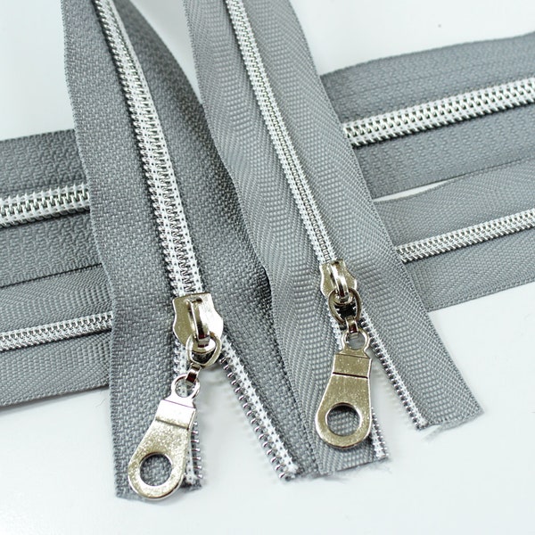 Size # 3 Gray Zipper with Silver Coil - 5 yards & 15 Regular (Donut) Zipper Pulls