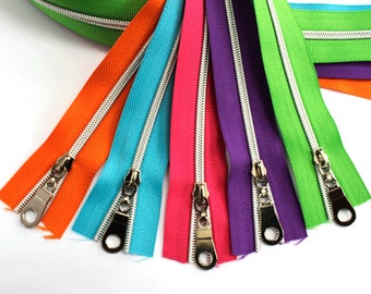 Size #3 Zipper Kit - Brights, Zipper by the Yard with silver coil, #3 Zipper Tape, Purse Zipper Tape