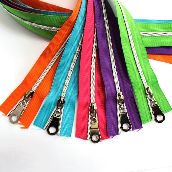 Size #3 Zipper Kit - Brights, Zipper by the Yard with silver coil, #3 Zipper Tape, Purse Zipper Tape