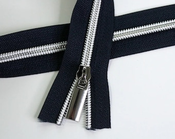 Size #5 Dark Navy Blue Zipper with silver coil - 5 yards & 15 Regular (Donut) Zipper Pulls