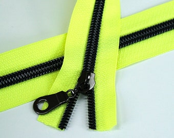 Size #5 Neon Yellow Zipper with gunmetal coil - 5 yards & 15 Regular (Donut) Zipper Pulls