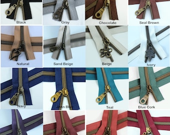 BRONZE Coil Nylon Coil Zippers Kits, #5 Zipper Tape, Bag Zippers, Zippers by the yard. 3yds & 9 Pulls