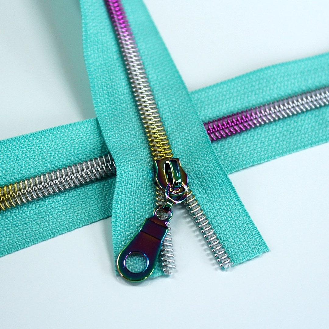 Size 5 Aqua Zipper by the Yard With Rainbow Coil 5 Yards & 15 Regular