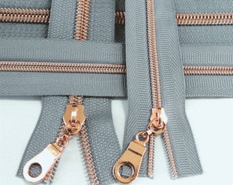 Size #3 Gray Zipper with rose gold coil - 5 yards & 15 Regular (Donut) Zipper Pulls