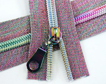 Size #5 Metallic Rainbow Zipper by the yard with rainbow coil - 3 yards & 9 Regular (Donut) Zipper Pulls