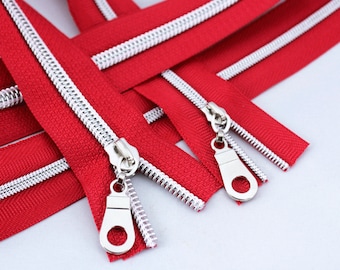 Size # 3 Red Zipper with Silver Coil - 5 yards & 15 Regular (Donut) Zipper Pulls