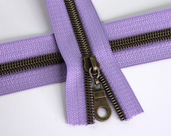 Size #5 Lilac Zipper with Antique Bronze Coil - 5 yards & 15 Regular (Donut) Zipper Pulls