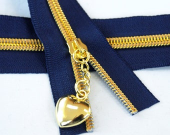 Size #5 Navy Blue Zipper with Gold Coil - 5 yards & 15 Regular (Donut) Zipper Pulls