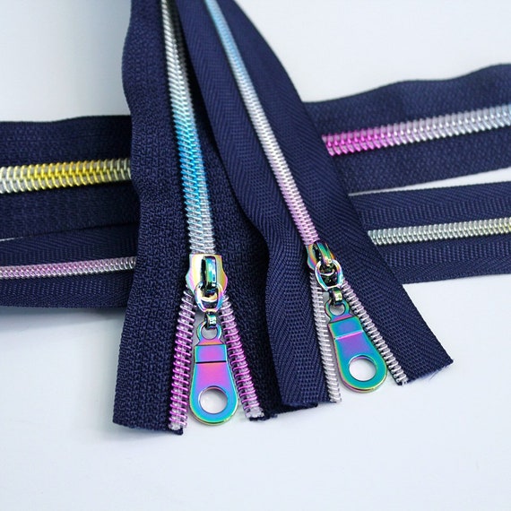 Size #5 Navy Blue Zipper by the yard with rainbow coil - 5 yards & 15  Regular (Donut) Zipper Pulls