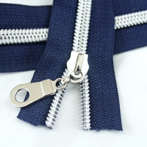 Size #5 Navy Blue Zipper with silver coil - 5 yards & 15 Regular (Donut) Zipper Pulls