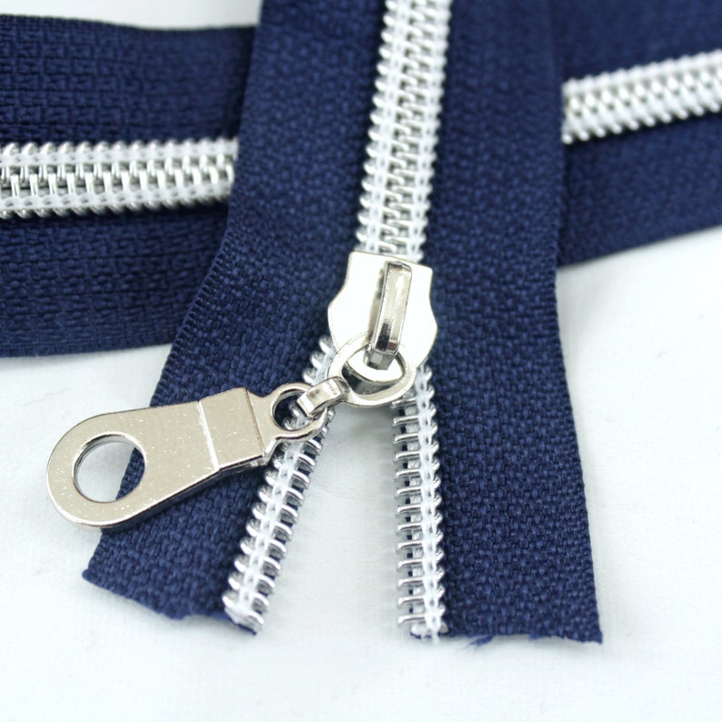 Size 5 Navy Blue Zipper by the yard with silver coil & Zipper Etsy
