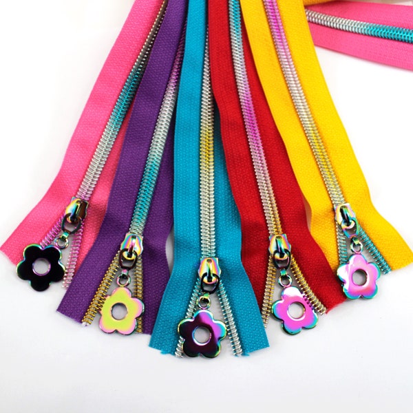 Size 5 Spring Zippers Kit and Rainbow Coil with Flower 2 Pulls