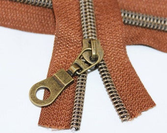 Size #5 Caramel Brown Nylon Coil Zipper with Antique Bronze coil - 5 yards & 15 Regular (Donut) Zipper Pulls