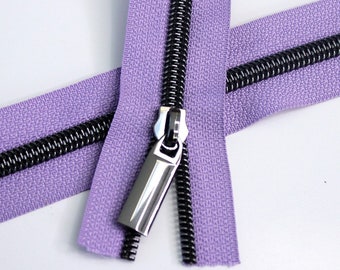Size #5 Lilac Zipper by the yard with gunmetal coil - 5 yards & 15 Regular (Donut) Zipper Pulls