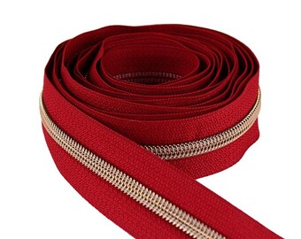 Size #5 Red Zipper with rose gold coil - 5 yards & 15 Regular (Donut) Zipper Pulls