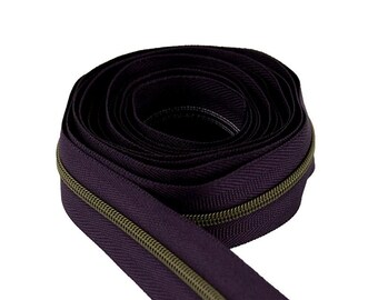 Size #3 Eggplant Zipper with Antique Bronze Coil - 5 yards & 15 Regular (Donut) Zipper Pulls
