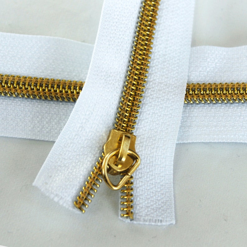 Size 5 White Zipper by the Yard with Gold Coil & Zipper Etsy