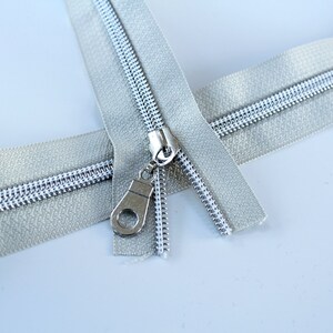 Size #5 Beige Zipper by the yard with silver coil & Zipper Pulls, #5 Nylon Coil Zipper Kit,