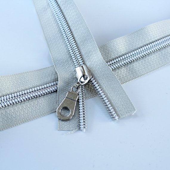 Size #5 Beige Zipper by the yard with silver coil & Zipper Pulls, #5 Nylon  Coil Zipper Kit