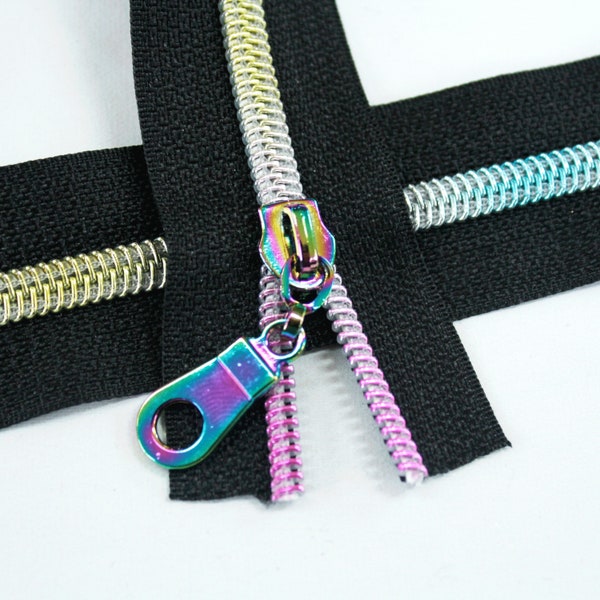 Size #5 Black Zipper by the yard with rainbow coil - 5 yards & 15 Regular (Donut) Zipper Pulls