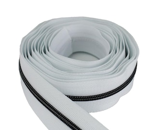 Size #3 White Zipper with Gunmetal Coil - 5 yards & 15 Regular (Donut) Zipper Pulls