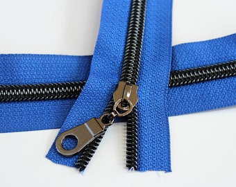 Size #5 Royal Blue Zipper with Gunmetal coil - 5 yards & 15 Regular (Donut) Zipper Pulls