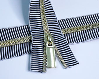 Size #5 Black Striped Zipper with Gold Coil