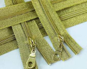 Size #3 Metallic Gold Zipper with gold coil - 3 yards & 9 Regular (Donut) Zipper Pulls