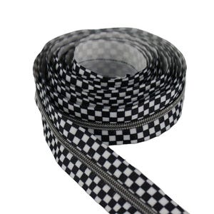 Size #3 Black and White Checkers with gunmetal coil - 5 yards & 15 Regular (donut) Zipper Pulls