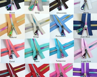 RAINBOW Coil Nylon Coil Zippers Kits, #5 Zipper Tape, Bag Zippers, Zippers by the yard, 5yds & 15 Pulls