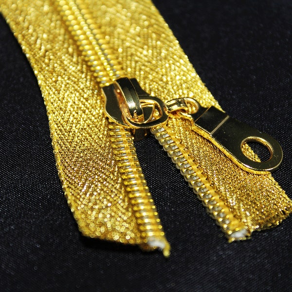 Size # 5 Metallic Gold Zipper by the yard with gold coil - 3 yards & 9 Regular (Donut) Zipper Pulls