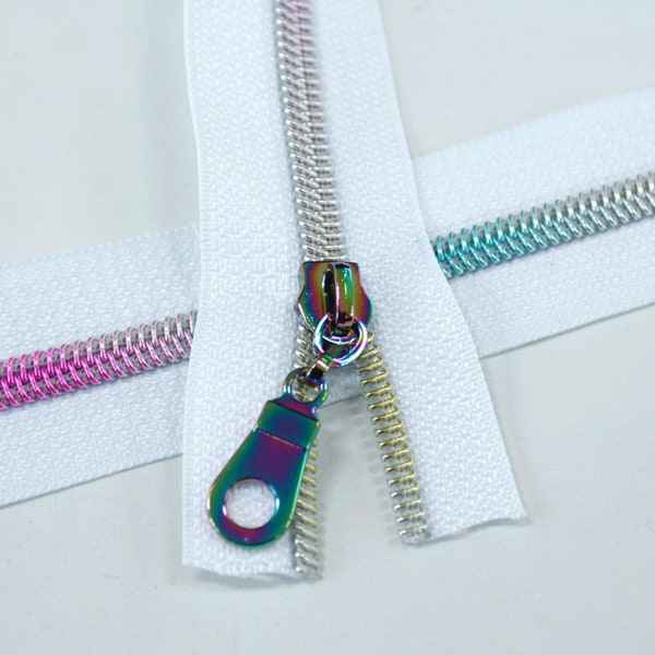 Size #5 White Zipper by the yard with rainbow coil - 5 yards & 15 Regular (Donut) Zipper Pulls