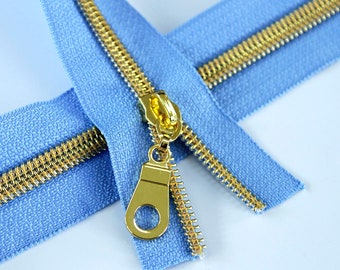 Size #5 Periwinkle Zipper with Gold Coil - 5 yards & 15 Regular (Donut) Zipper Pulls