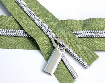 Size #5 Pear Green Zipper with silver coil - 5 yards & 15 Regular (Donut) Zipper Pulls