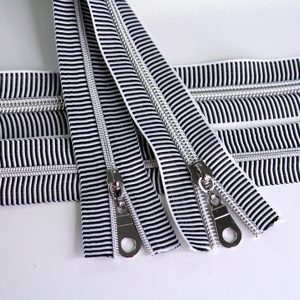 5 Zipper by the Yard - Black and White Stripe with Multicolor Coil