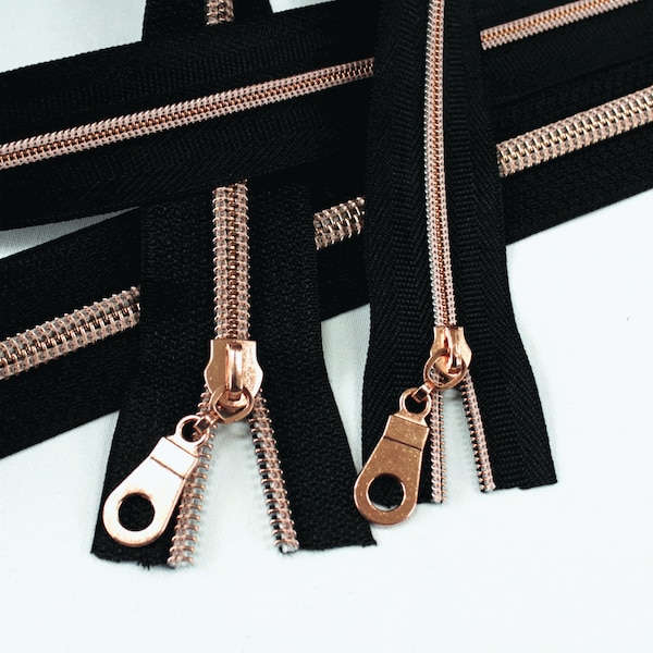 Size #3 Black Zipper with rose gold coil - 5 yards & 15 Regular (Donut) Zipper Pulls