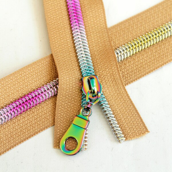 Size #5 Natural Zipper by the yard with rainbow coil - 5 yards & 15 Regular (Donut) Zipper Pulls