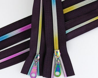 Size #3 Eggplant Zipper by the yard with rainbow coil - 5 yards & 15 Regular (Donut) Zipper Pulls