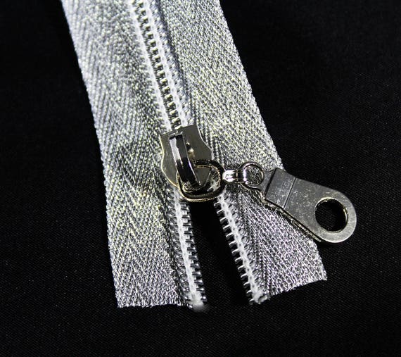 Size 5 Metallic Silver Zipper by the Yard With Silver Coil 3 Yards & 9  Regular donut Zipper Pulls 