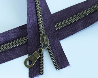 Size #5 Eggplant Zipper with Antique Bronze Coil - 5 yards & 15 Regular (Donut) Zipper Pulls