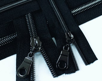 Size #3 Black Zipper with Gunmetal Coil - 5 yards & 15 Regular (Donut) Zipper Pulls