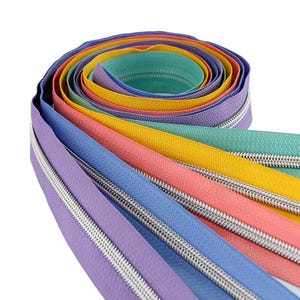 Size #5 Zippers Kit – Pastels with Silver Coil, Nylon Coil Zipper by the Yard, Nylon Metallic Zippers, purse zippers, bag zippers