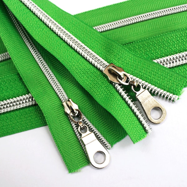 Size #3 Spring Green Zipper with Silver Coil - 5 yards & 15 Regular (Donut) Zipper Pulls