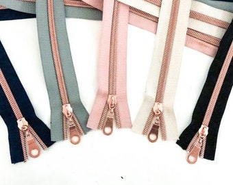 Size #3 Rose Gold Collection Kit, 5 yards of #3 Nylon Zipper Tape with Rose Gold Coil & 15 Zipper Pulls