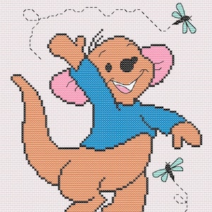 May include: A cartoon kangaroo wearing a blue shirt with pink ears, jumping and chasing two blue dragonflies. The dragonflies are flying in a dotted line pattern.
