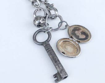 Key to the Past, Upcycled Necklace with Vintage Key, Locket and Button