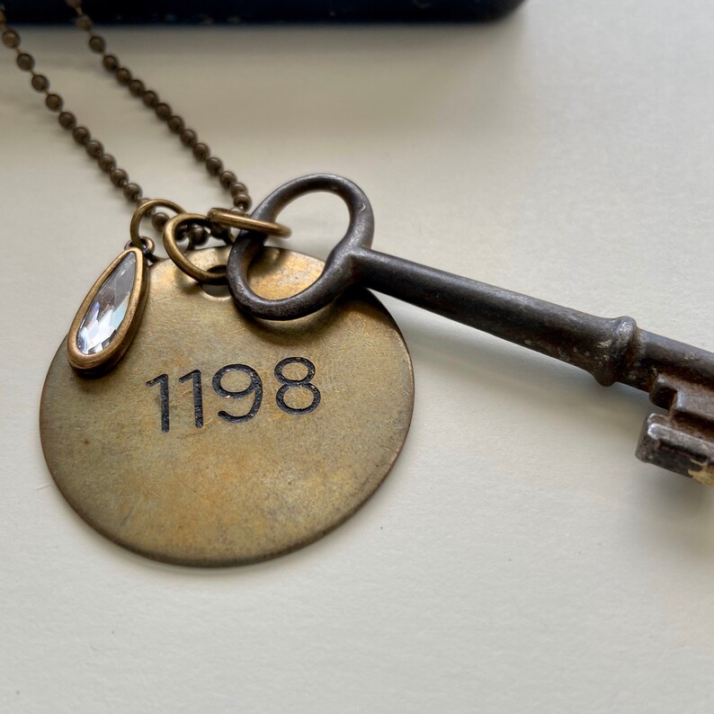 Vintage Brass Room Key Tag With Crystal Charm Necklace Etsy