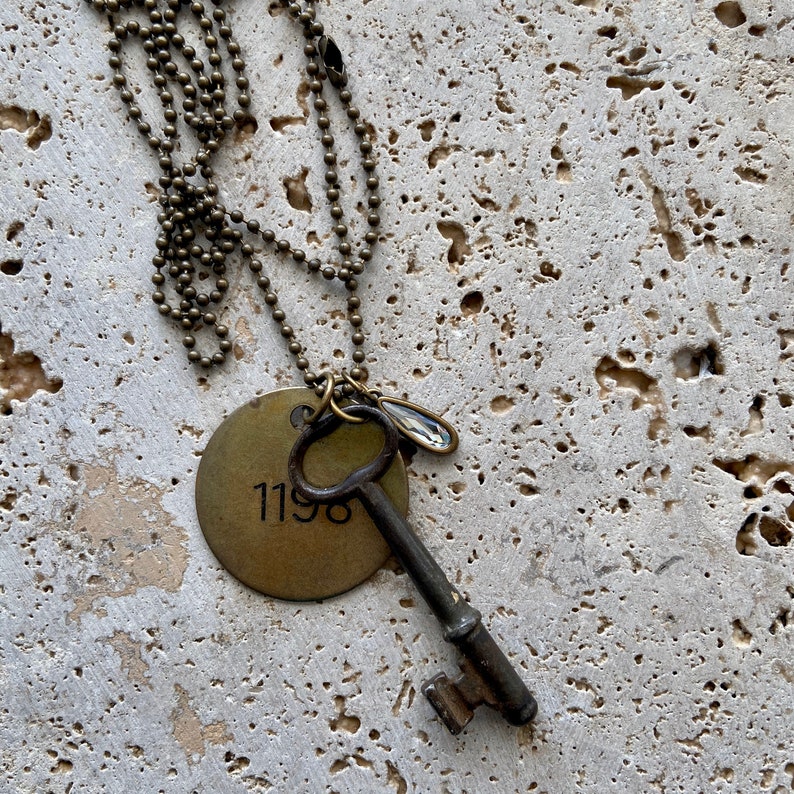 Vintage Brass Room Key Tag With Crystal Charm Necklace Etsy