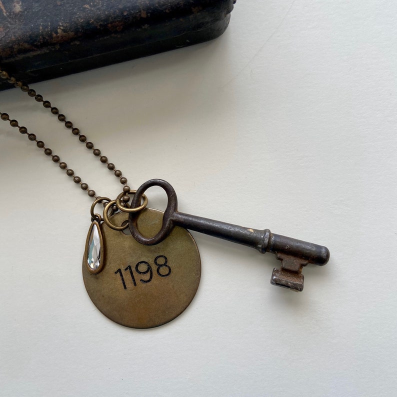 Vintage Brass Room Key Tag With Crystal Charm Necklace Etsy custom-hand-punched-round-brass-tag-hand-stamped-key-tag-etsy-hand